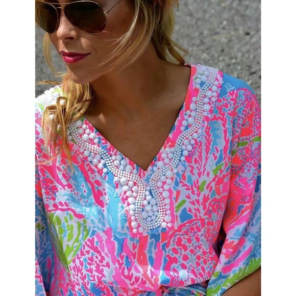 Lilly Pulitzer Coleman‎ Caftan Let’s Cha Cha Size Small Pink Beaded Maxi RARE - Picture 6 of 13